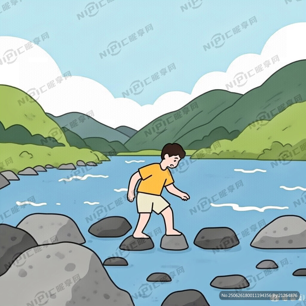 摸石頭過河扁平人物插畫