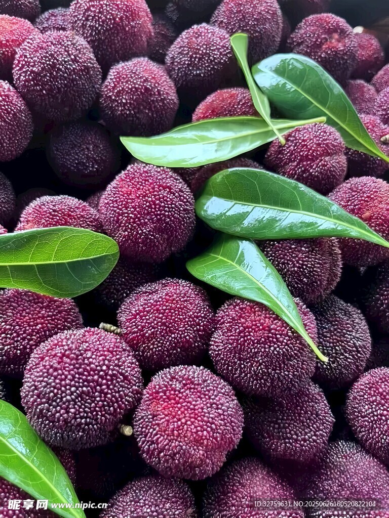 新鮮飽滿的楊梅帶綠葉