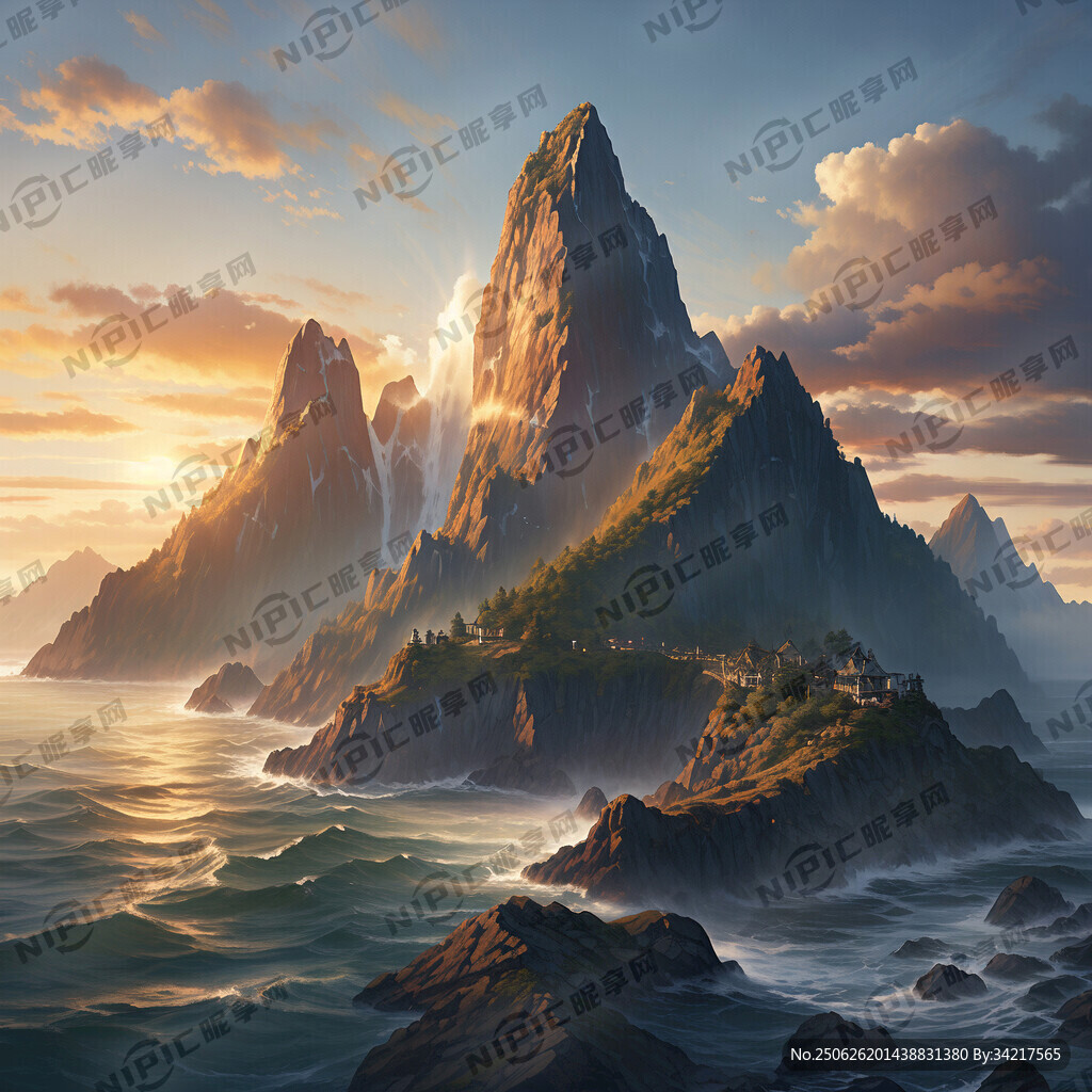 海平面上遠看有日出 一座大山