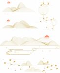 中式山水太陽金燈籠元素插畫背景
