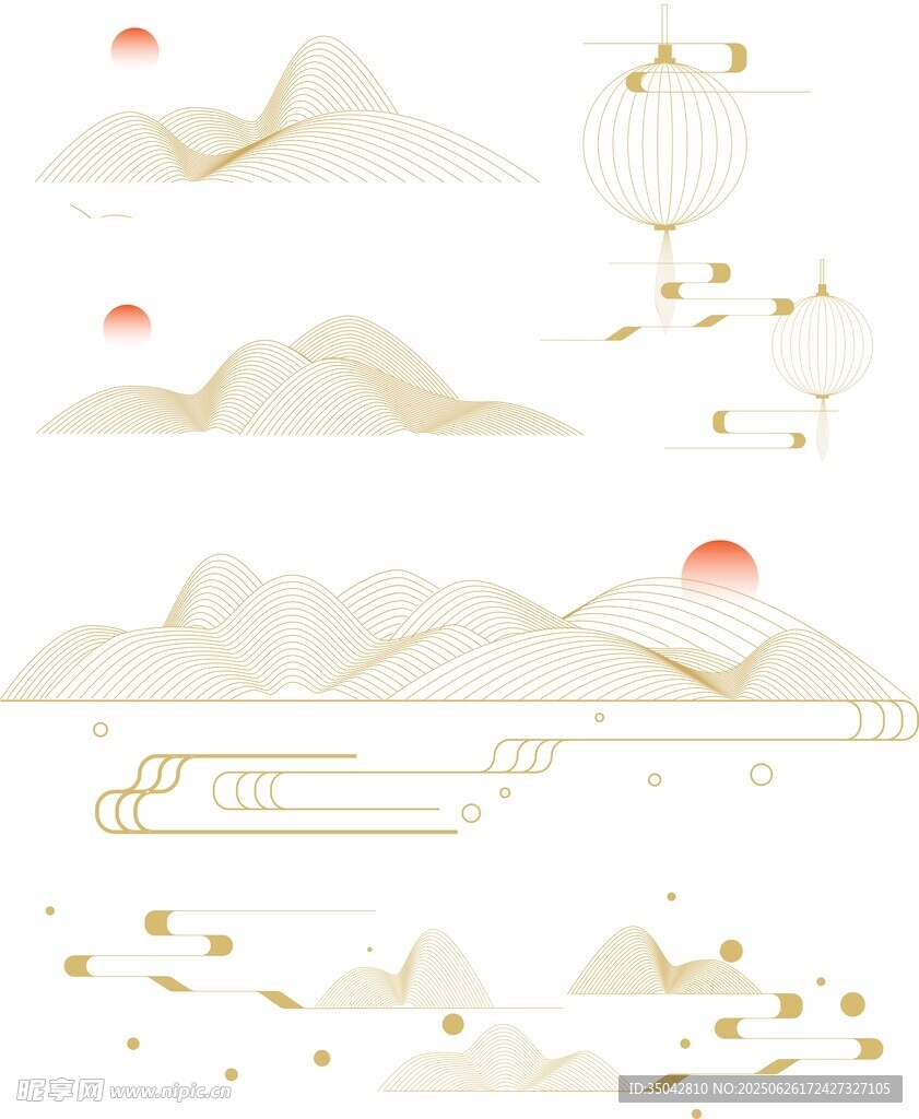 中式山水太陽金燈籠元素插畫背景