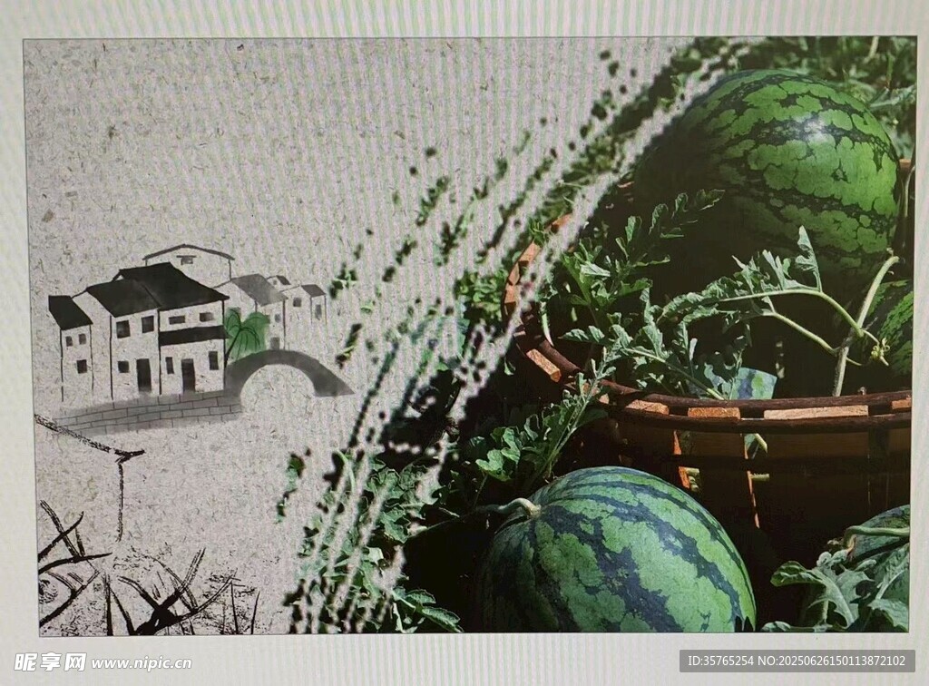 新農村流水西瓜江南水鄉水墨畫