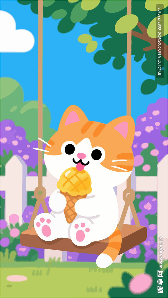 蕩秋千的可愛貓咪插畫
