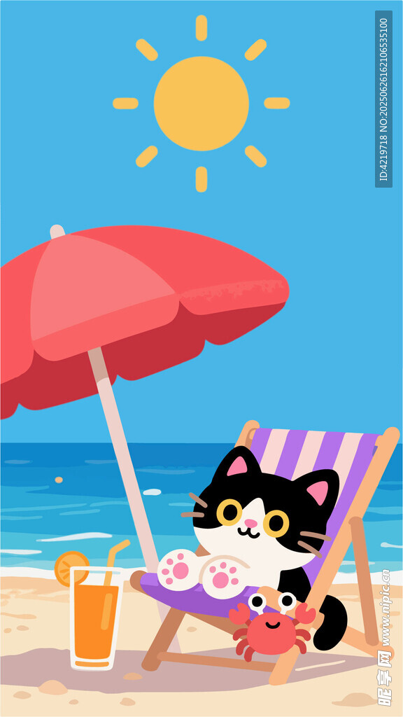 貓咪海灘愜意躺椅時光插畫