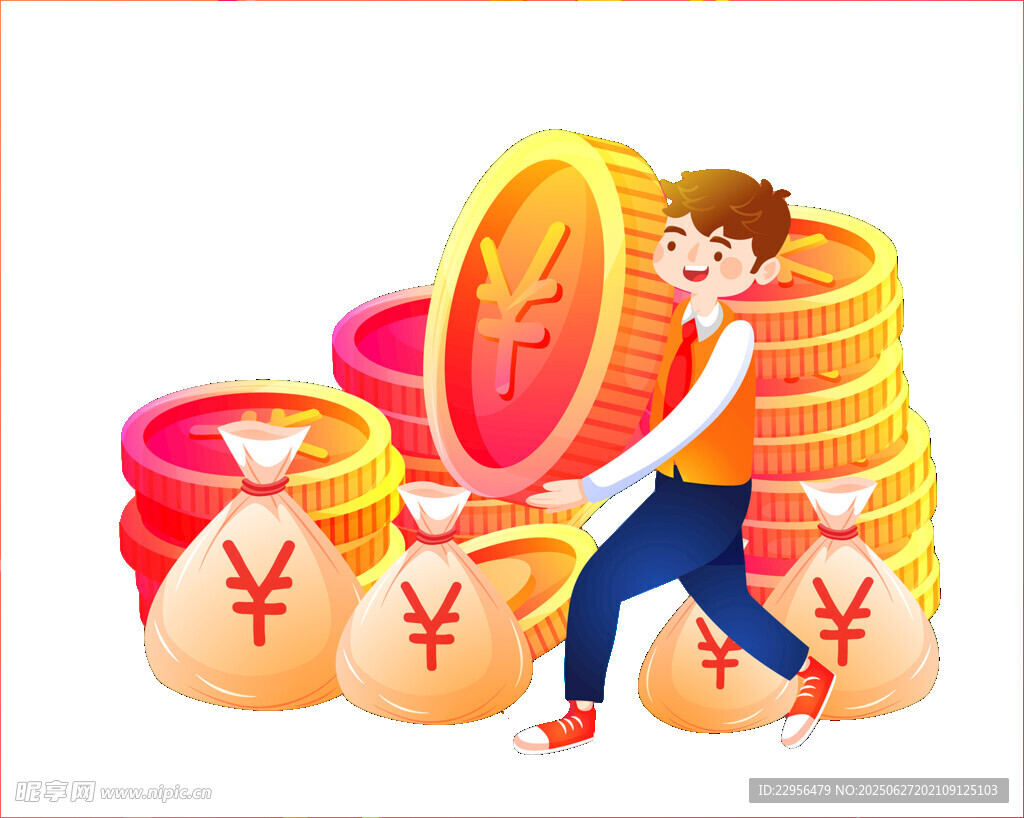 男孩搬金幣與錢袋