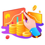 手指點擊增長圖表與金幣