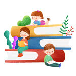 兒童在書堆中快樂閱讀
