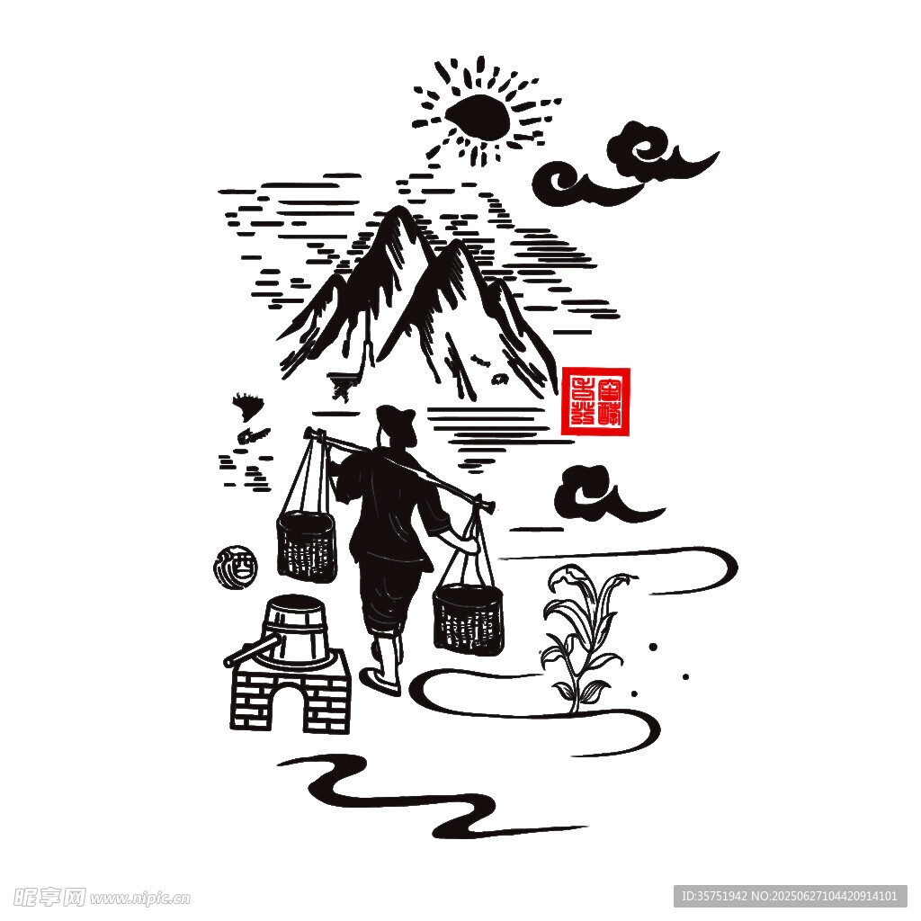 山間挑夫的悠然勞作圖景