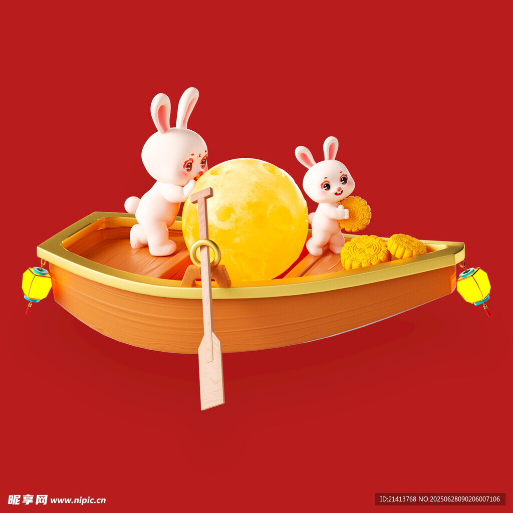 玉兔乘舟賞圓月