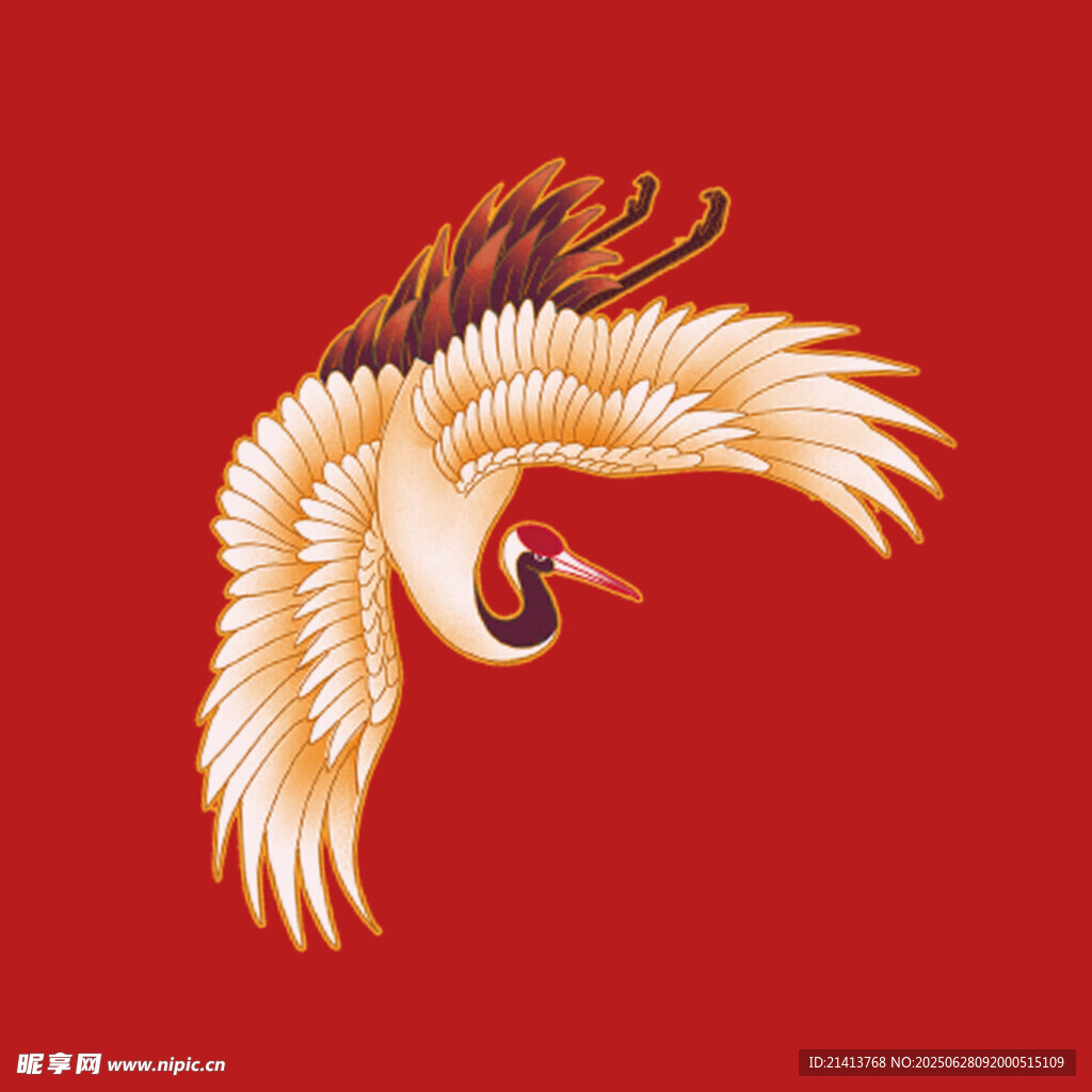 紅色背景上展翅飛翔的仙鶴
