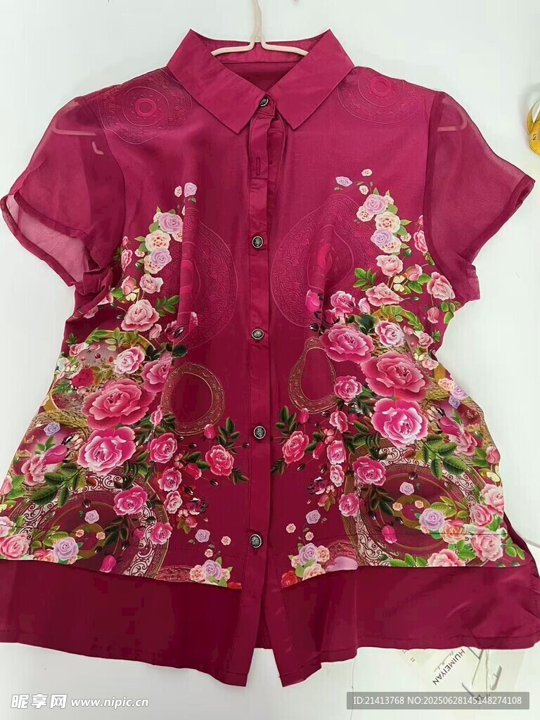 玫紅色花卉刺繡中式短袖上衣