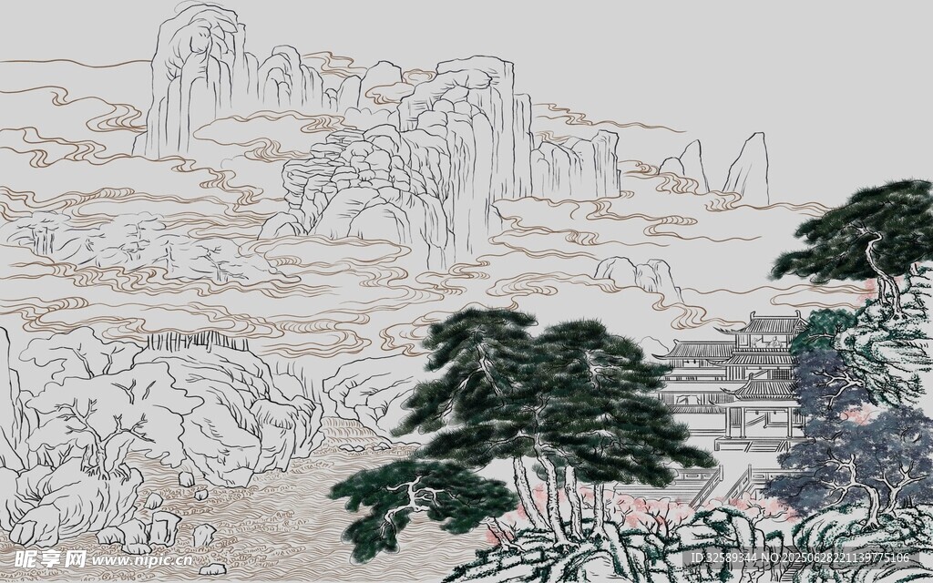 水墨風(fēng)山水樹(shù)木景觀圖