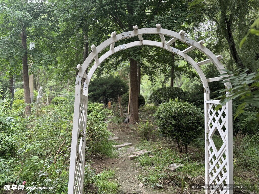 花園中的白色鐵藝拱形門