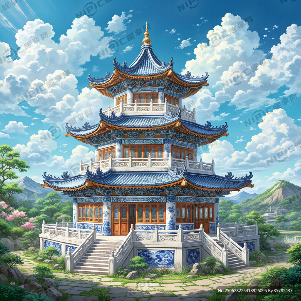 青花瓷樓閣圖