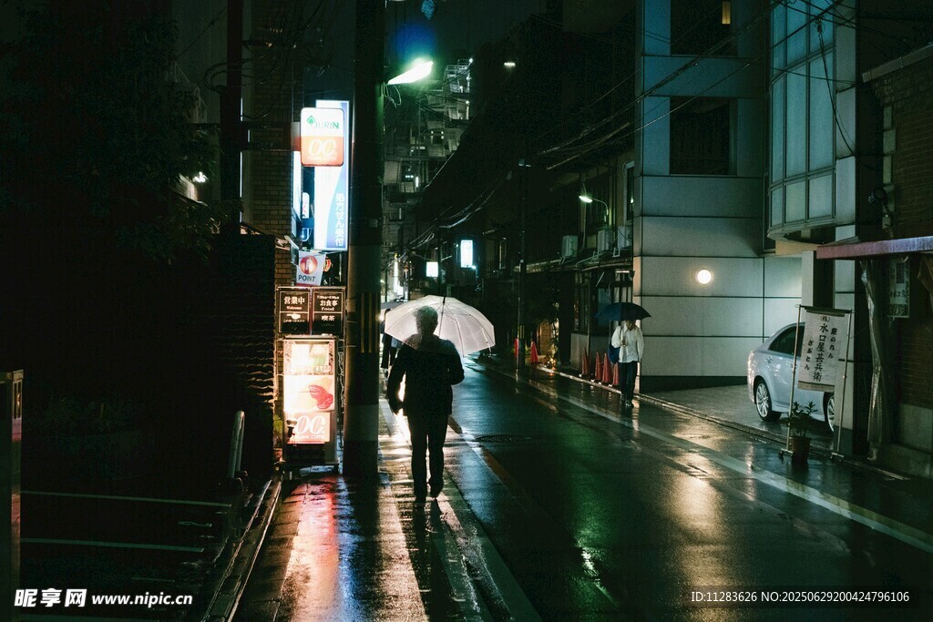 雨夜街頭的行人身影