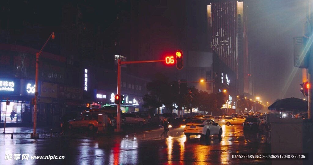 雨夜城市街道交通景象