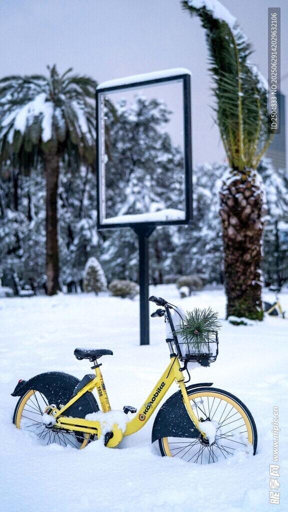 雪中停放的黃色共享單車