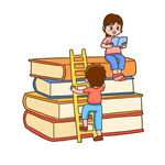 孩子在書堆上閱讀與攀爬
