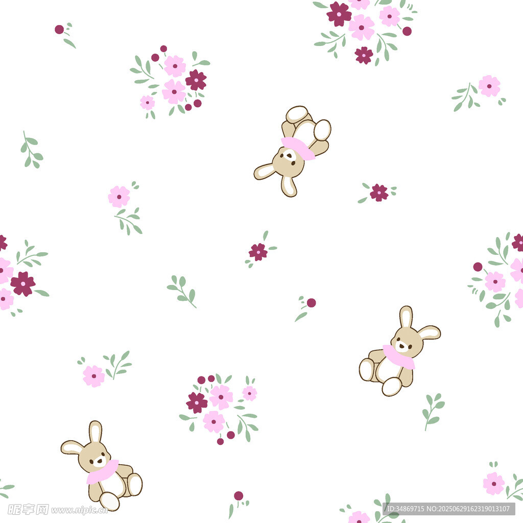 數碼印花 花卉小兔圖案