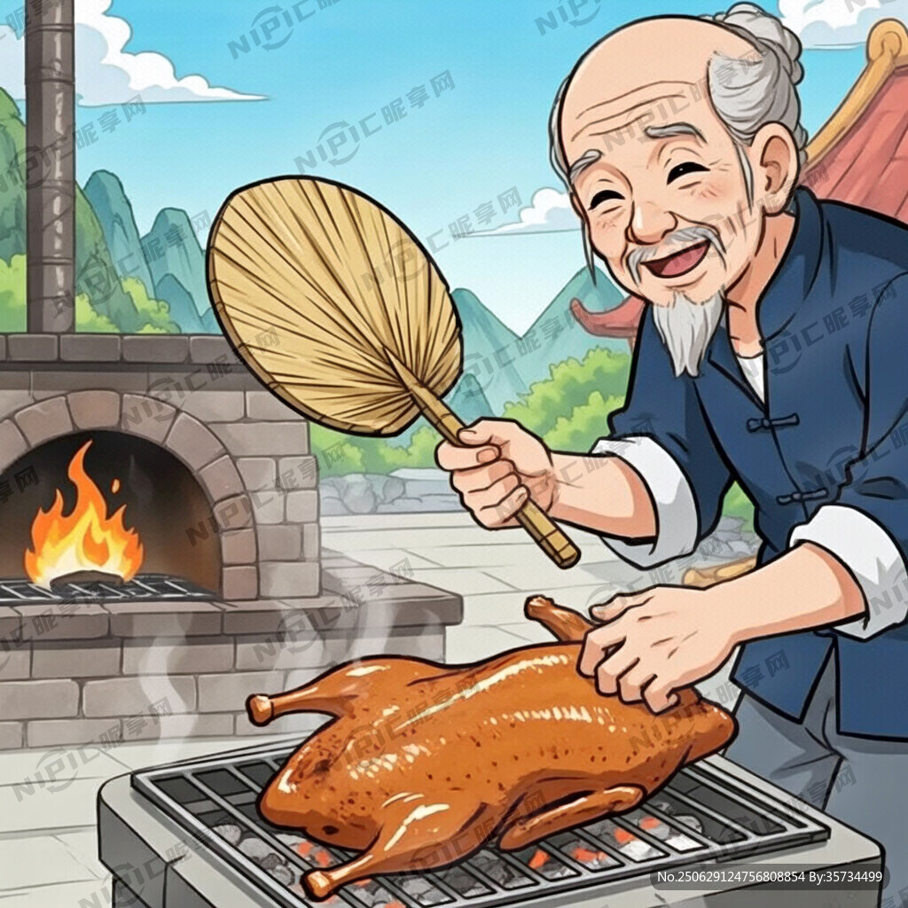 一個老爺爺在烤鴨子
