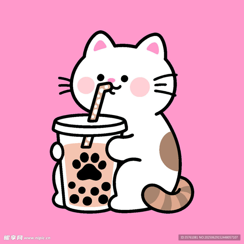 卡通手繪小貓喝珍珠奶茶