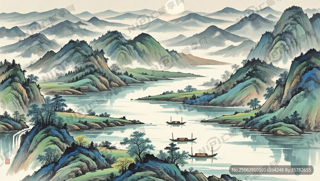 寫意山水畫 國畫 水墨 河流