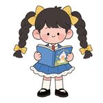 手繪扎雙辮女孩看書矢量