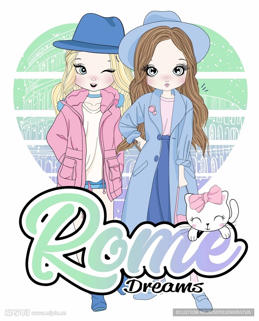 可愛雙生女孩時尚插畫