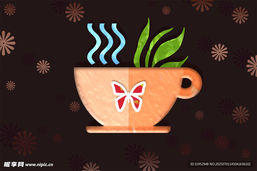 咖啡茶杯中的綠植與蝴蝶