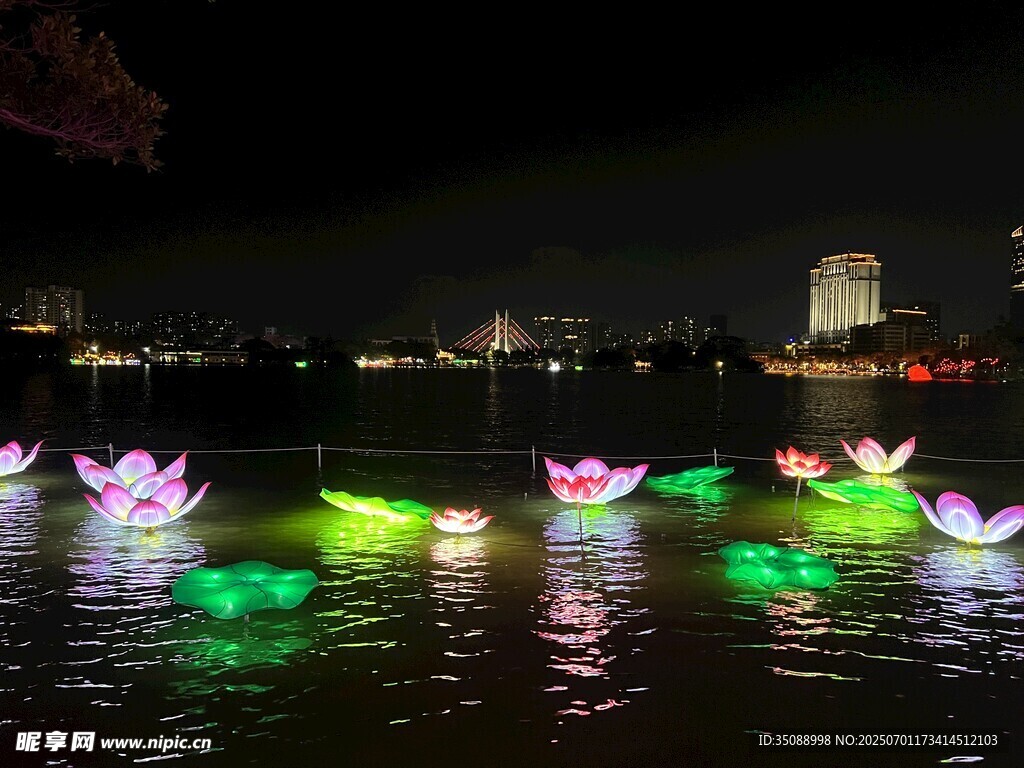 夜湖中的多彩發(fā)光蓮花燈