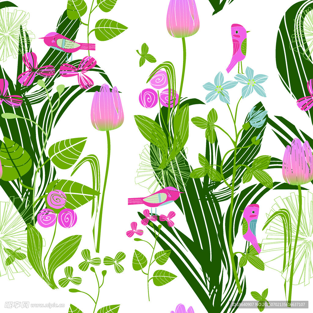 春日花卉植物插畫(huà)圖案 數(shù)碼印花