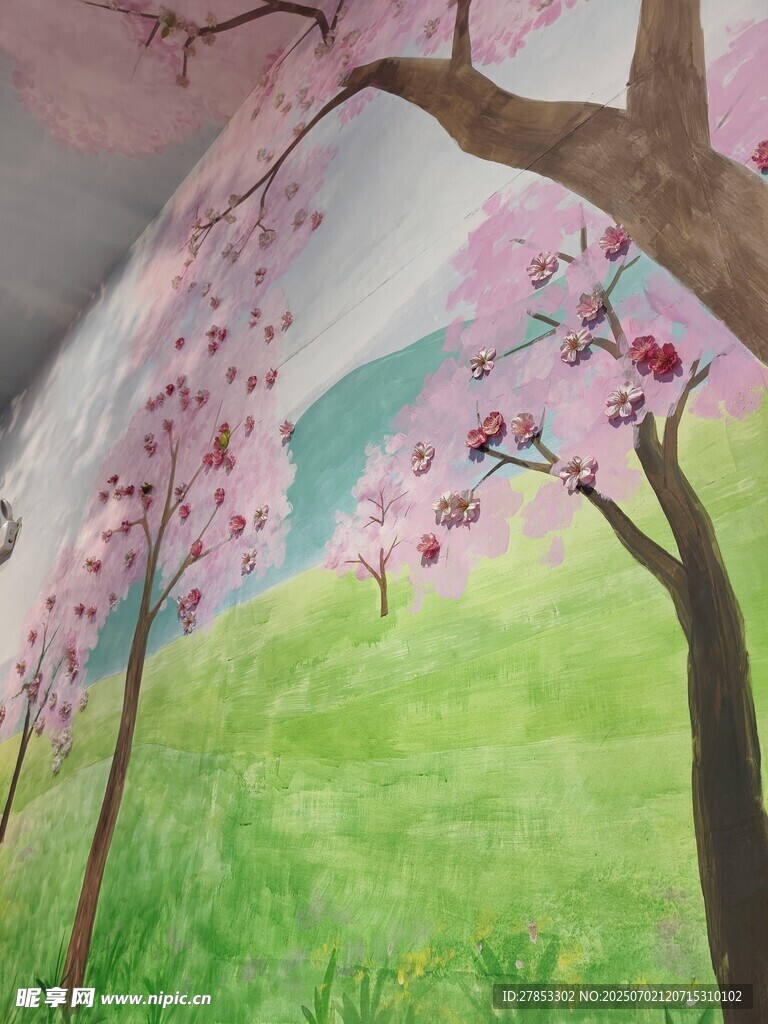 手繪春日爛漫櫻花風景圖
