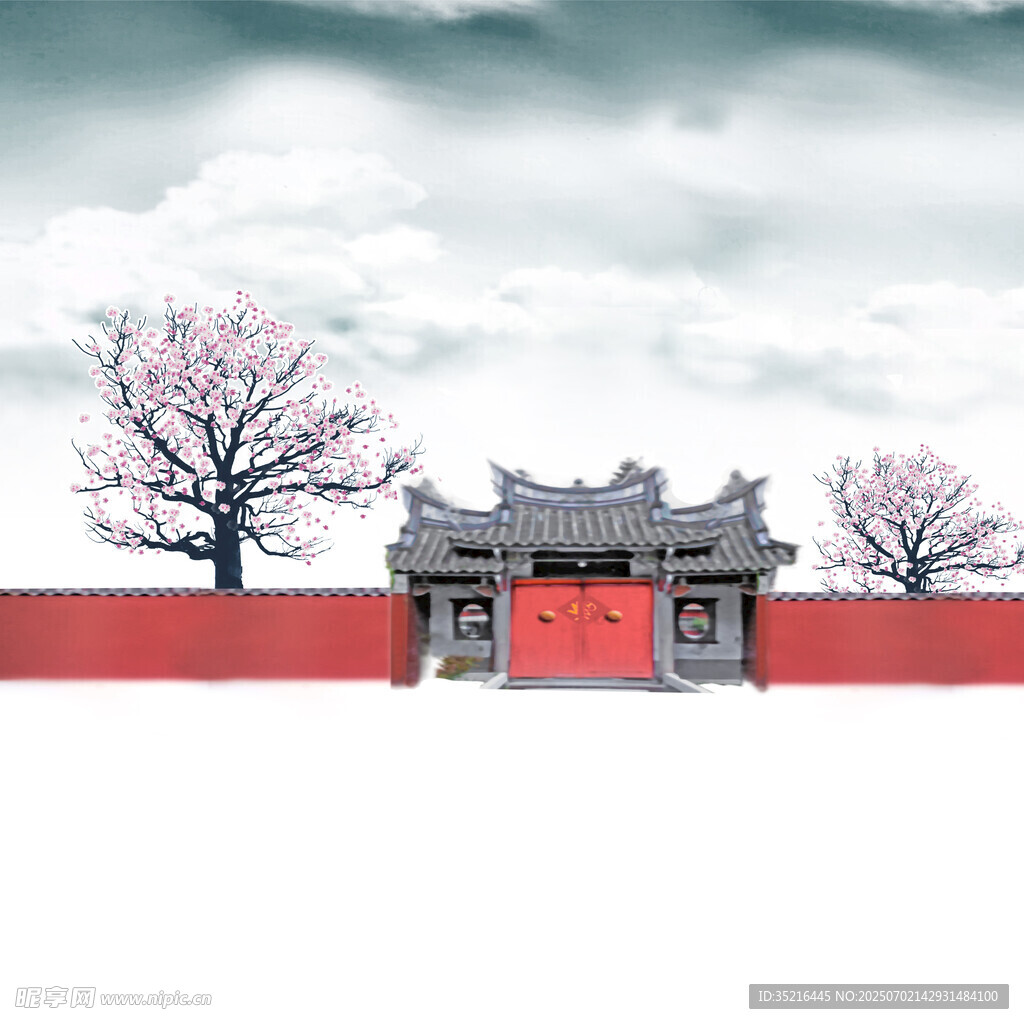 中式紅墻古建與爛漫櫻花