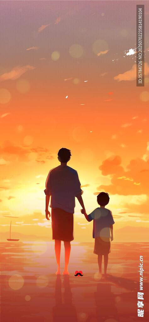 夕陽(yáng)下父子漫步海邊