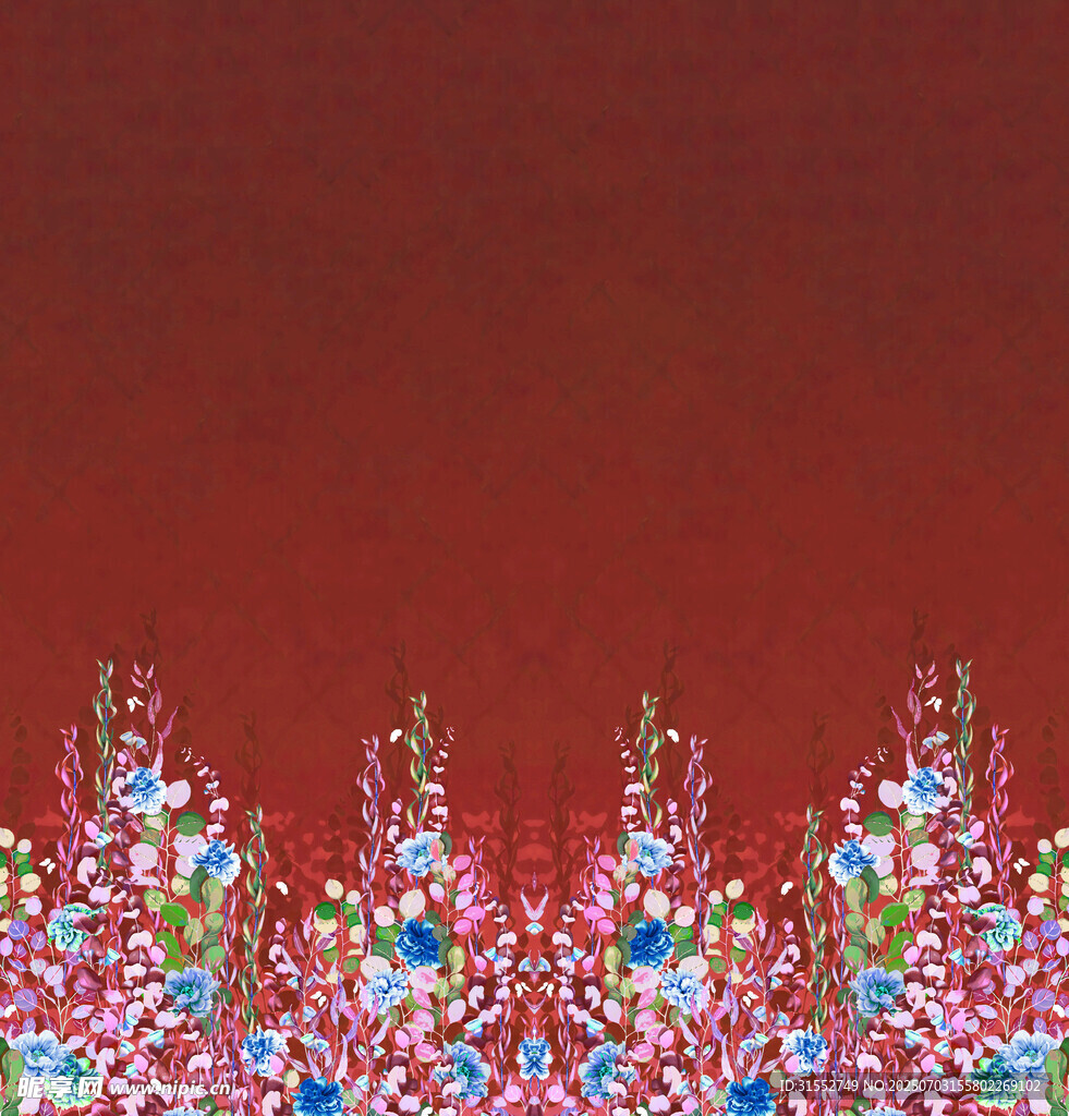 紅色背景上的多彩花卉圖案