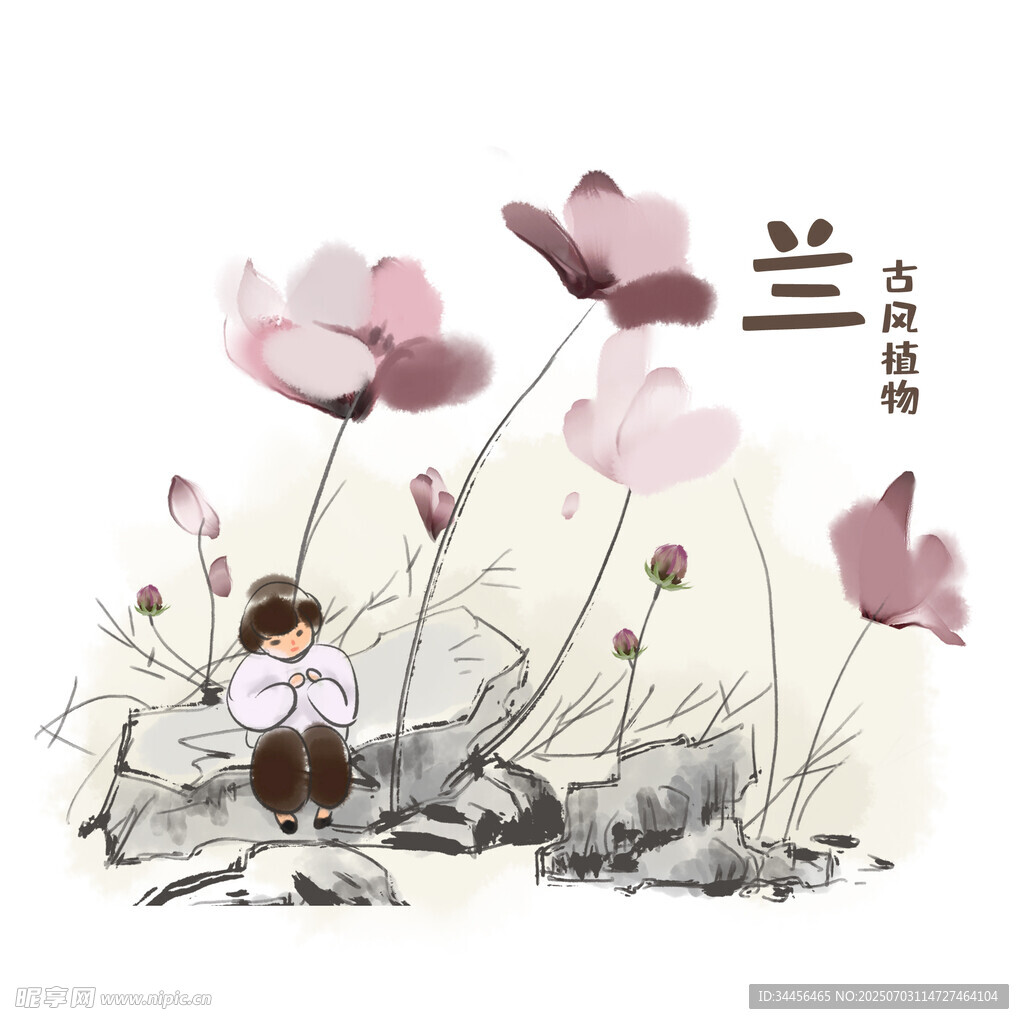 水墨風蘭花與昆蟲插畫