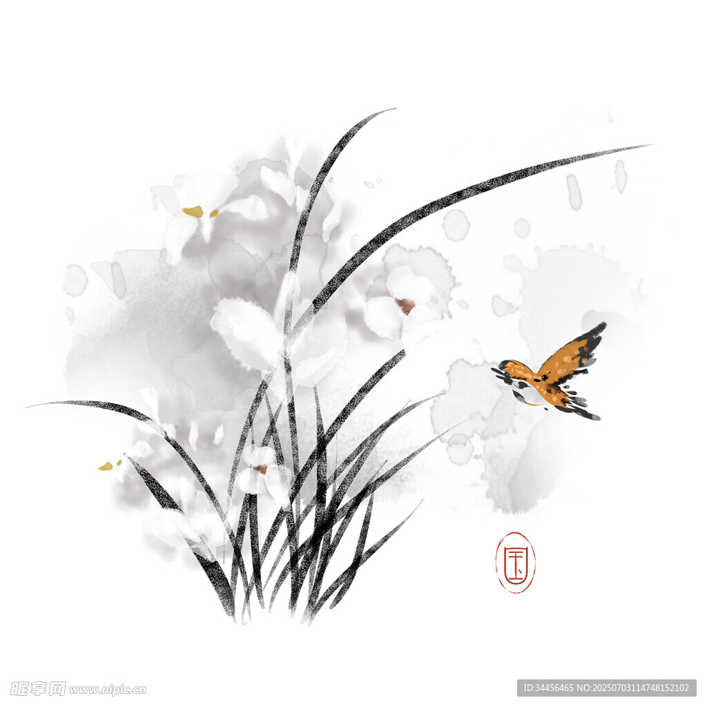 水墨蘭花與蝶圖