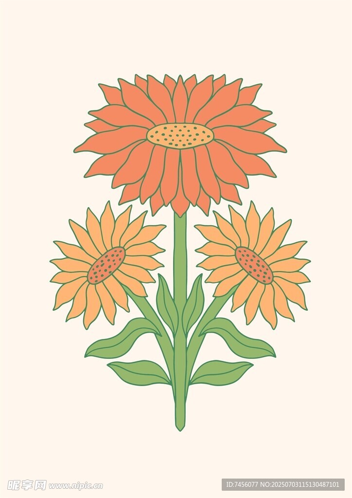 三朵絢麗向日葵插畫
