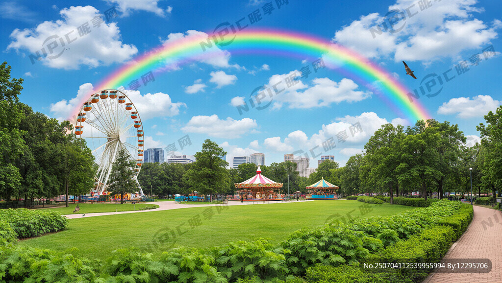 夢幻公園、彩虹、美景、草地、花