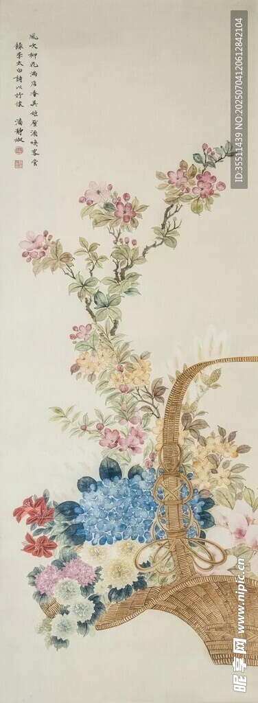 中式花卉籃插畫