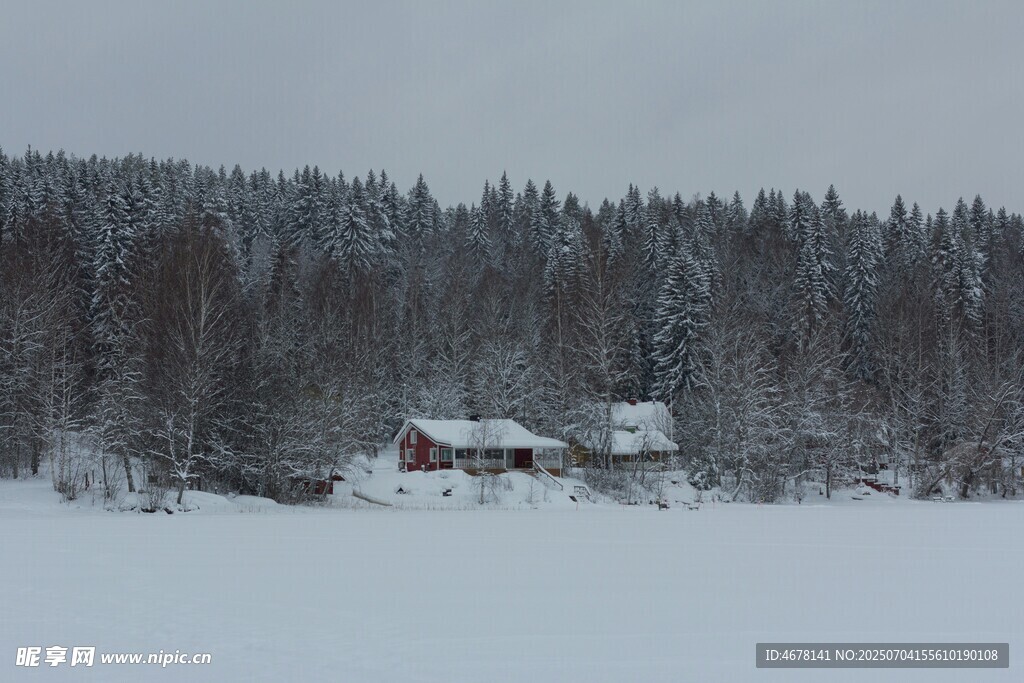 冬日雪林中小屋美景