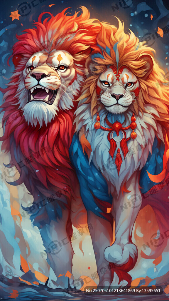 紅藍雙醒獅 全身醒獅插畫 