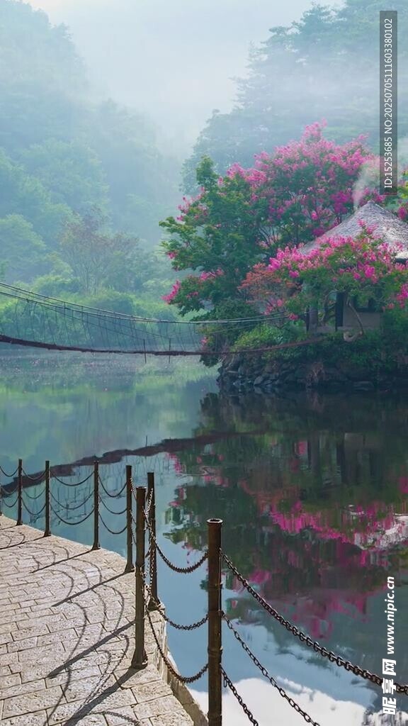 湖畔春景繁花映碧水
