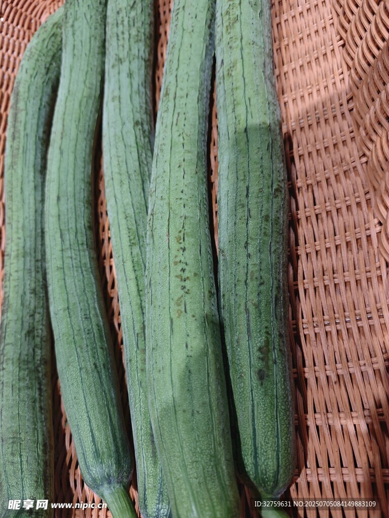 新鮮翠綠絲瓜擺放在網(wǎng)兜