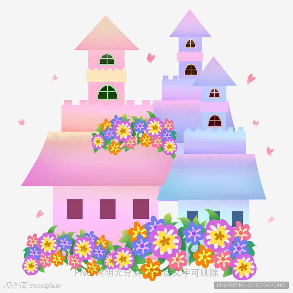 夢幻童話風(fēng)彩色城堡與花叢