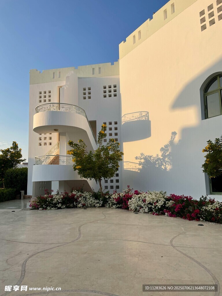 白色建筑前的多彩花卉景觀