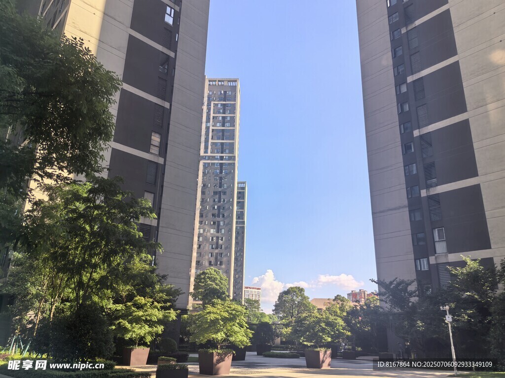 小區(qū)內(nèi)的高樓與綠植景觀