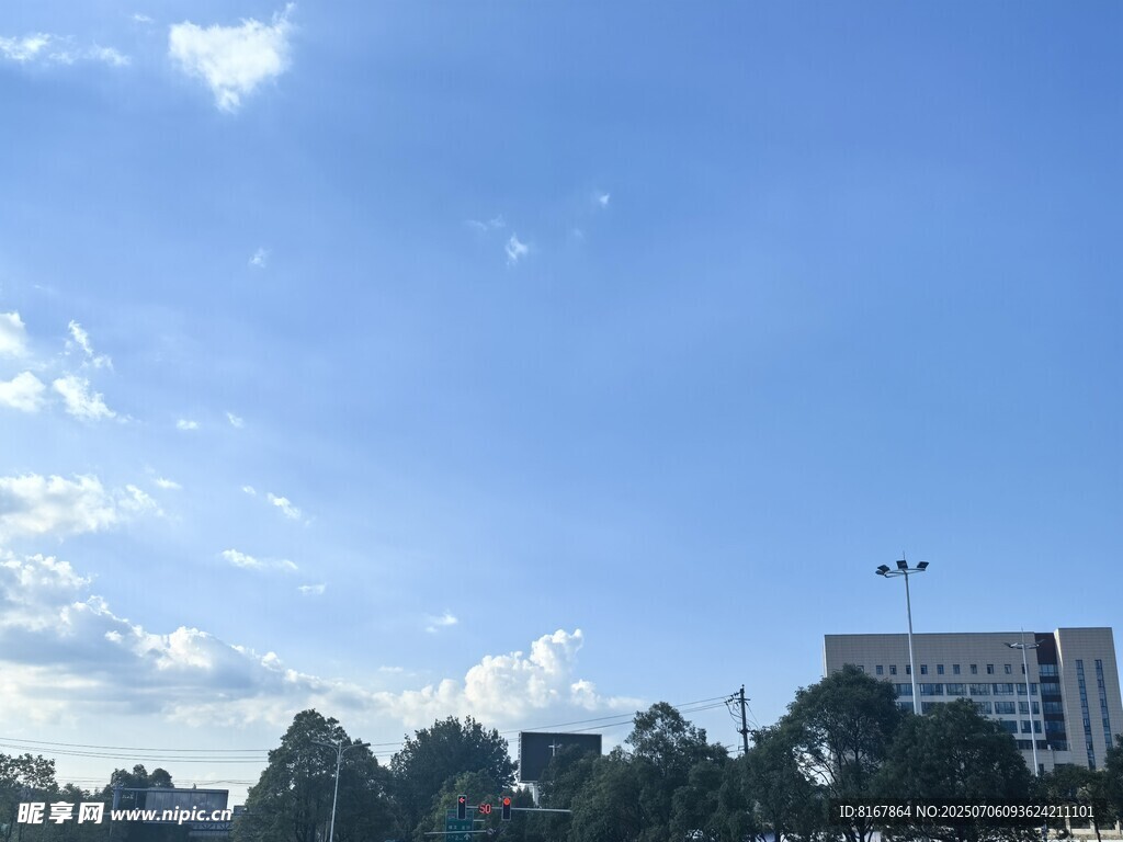 藍天白云下的城市與綠樹