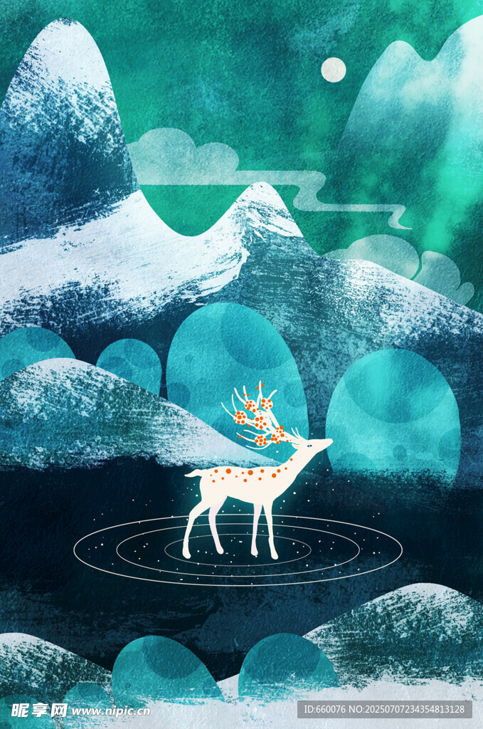 雪夜山林中的夢(mèng)幻白鹿