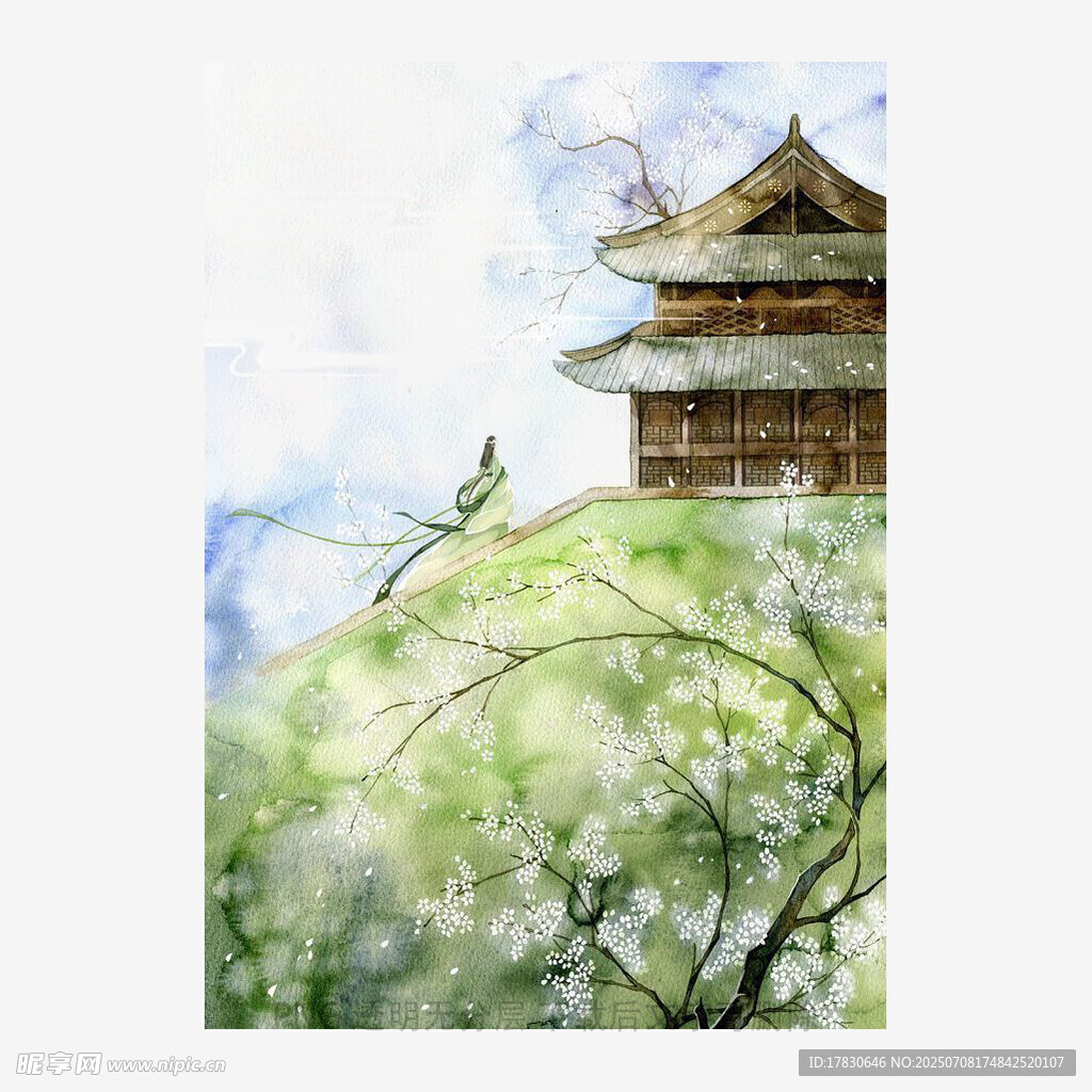 水墨風(fēng)古塔旁繁花綠樹